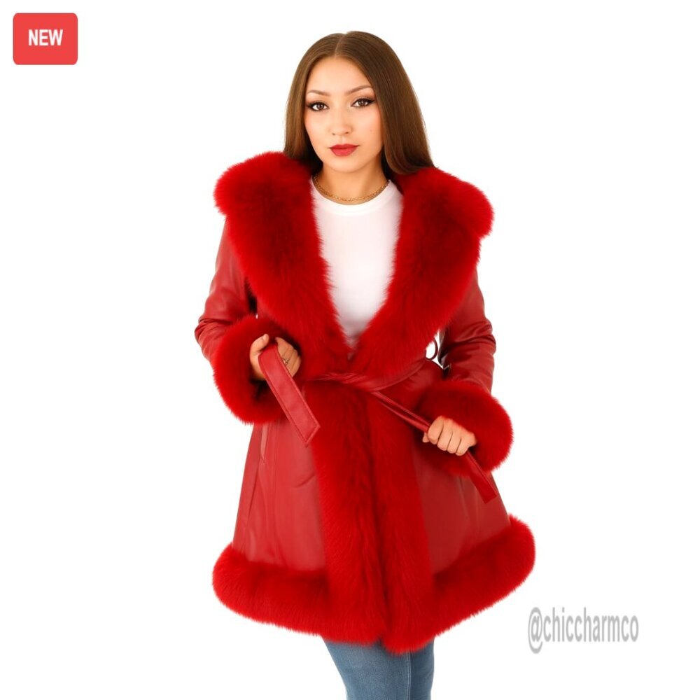 Women's Vegan Leather Winter Coat with Faux Fur Trim and Belt